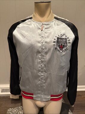 Ring of Fire Men’s Medium Satin Varsity Bomber Jacket with Tiger Crest